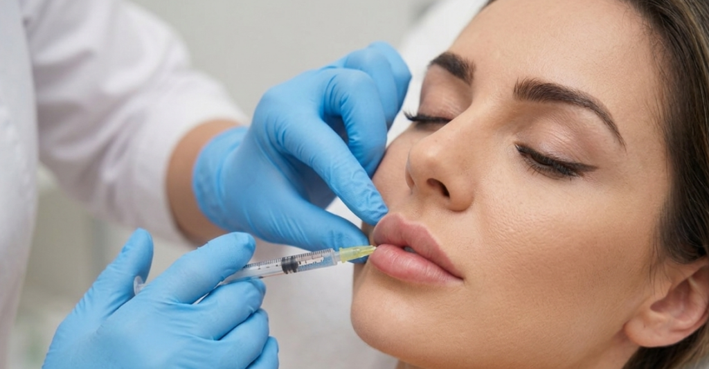 Injector administering lip filler at a medical spa